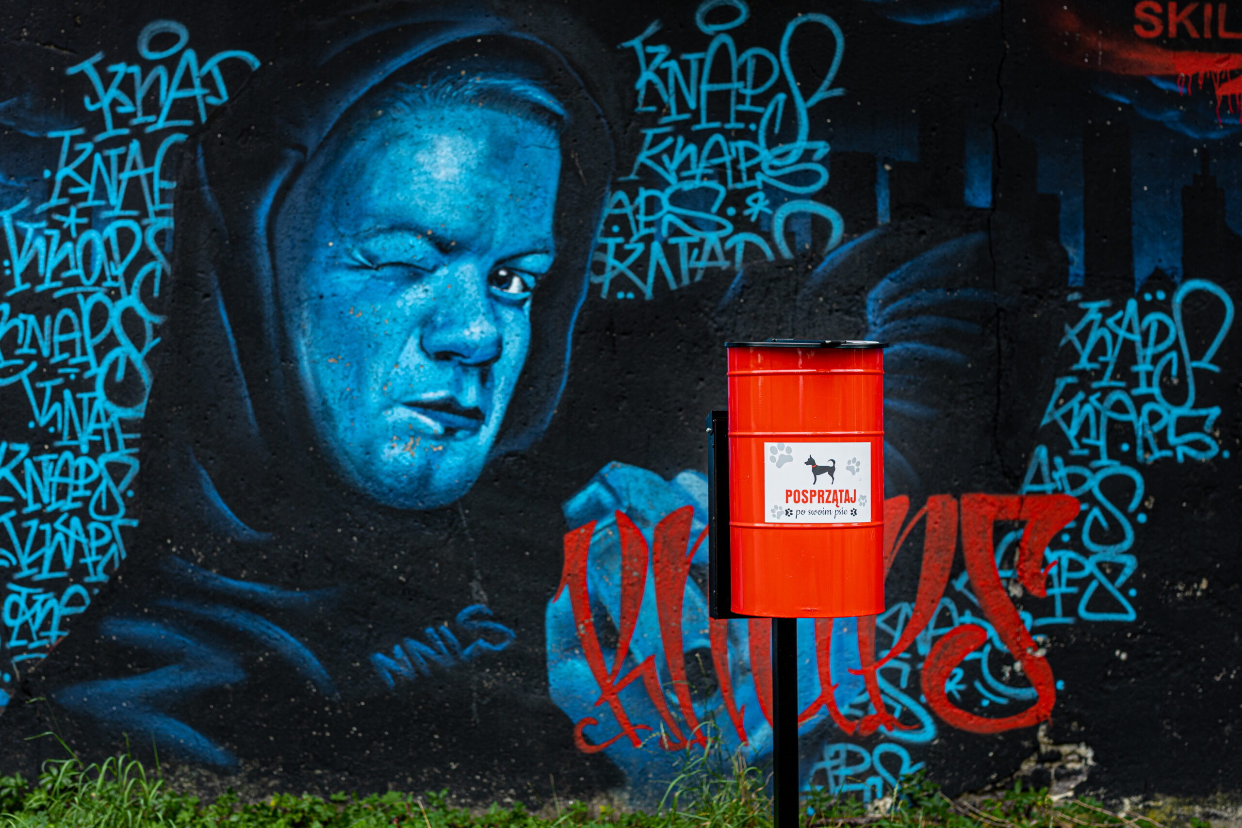 Kosz Tobi Kosz Tobi przed ścianą z grafiti
